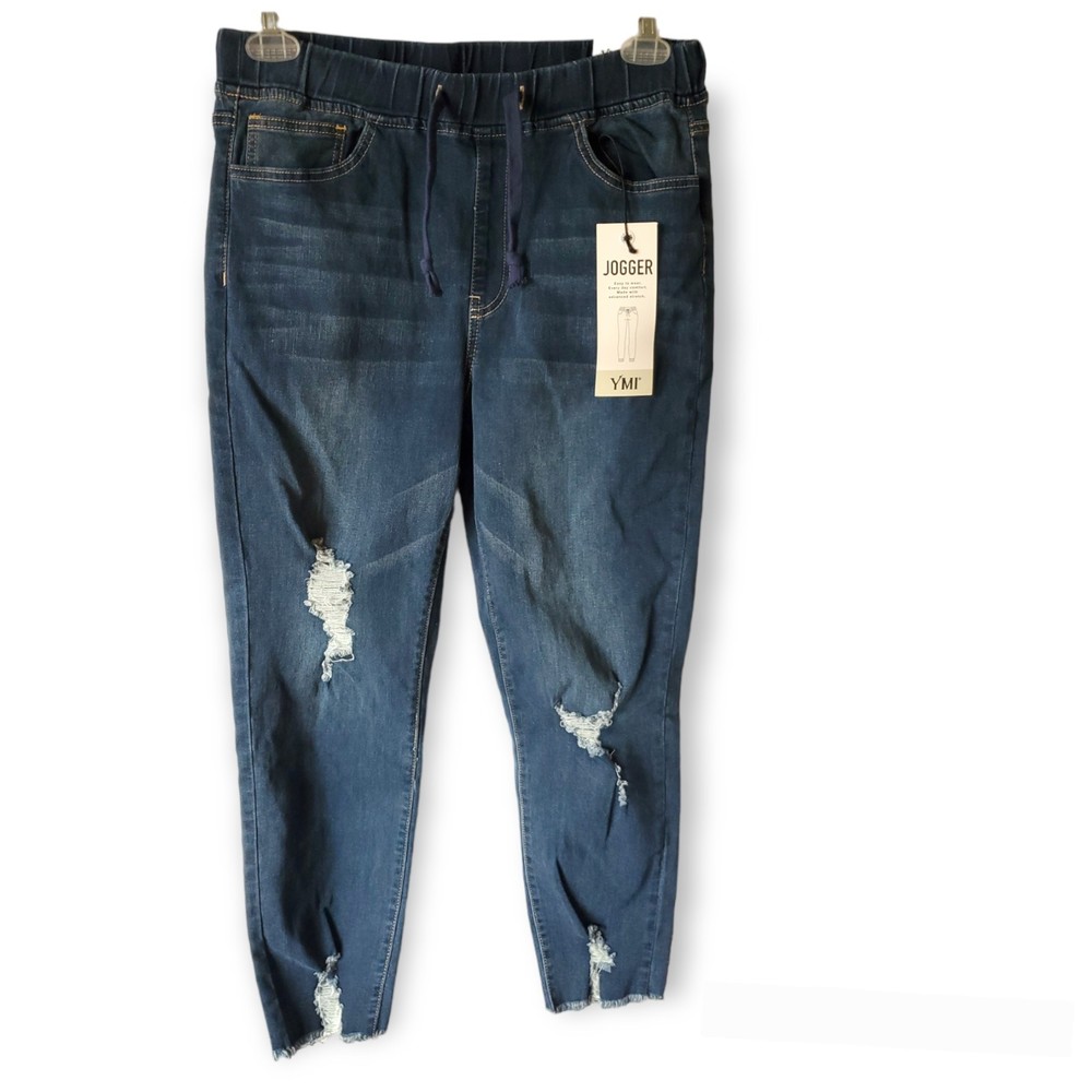 YMI Jogger size Larger distressed high rise stretch medium dark wash denim